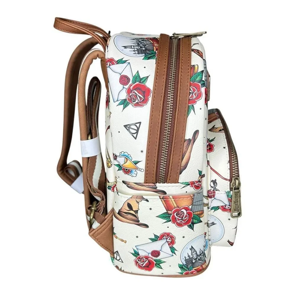 NEW Loungefly Harry Potter Tattoo Art Cream Double Strap Shoulder Backpack